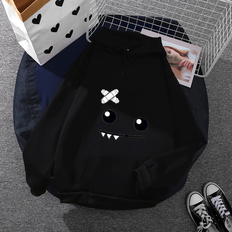 Damen nan Kapuzenpullover mit verspieltem Monstergesicht, Bandagen-Applikation und Kängurutasche Drune