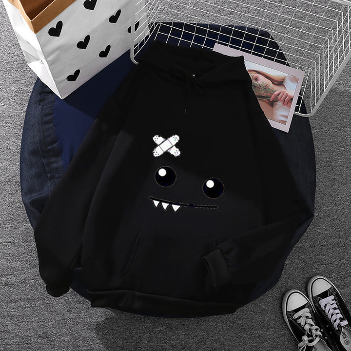Damen nan Kapuzenpullover mit verspieltem Monstergesicht, Bandagen-Applikation und Kängurutasche Drune