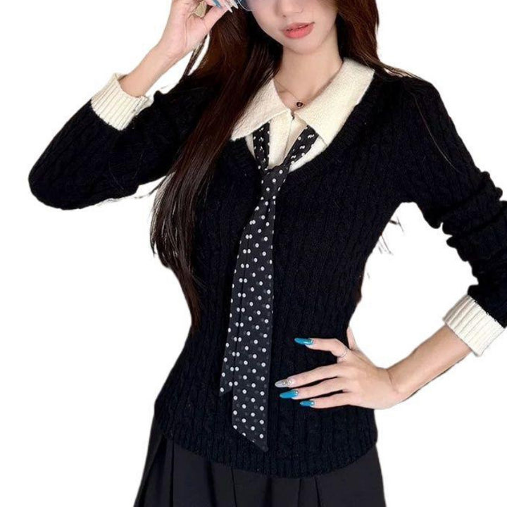 Damen Ribbed Strickpullover mit Hemdkragen und Krawatte Drune