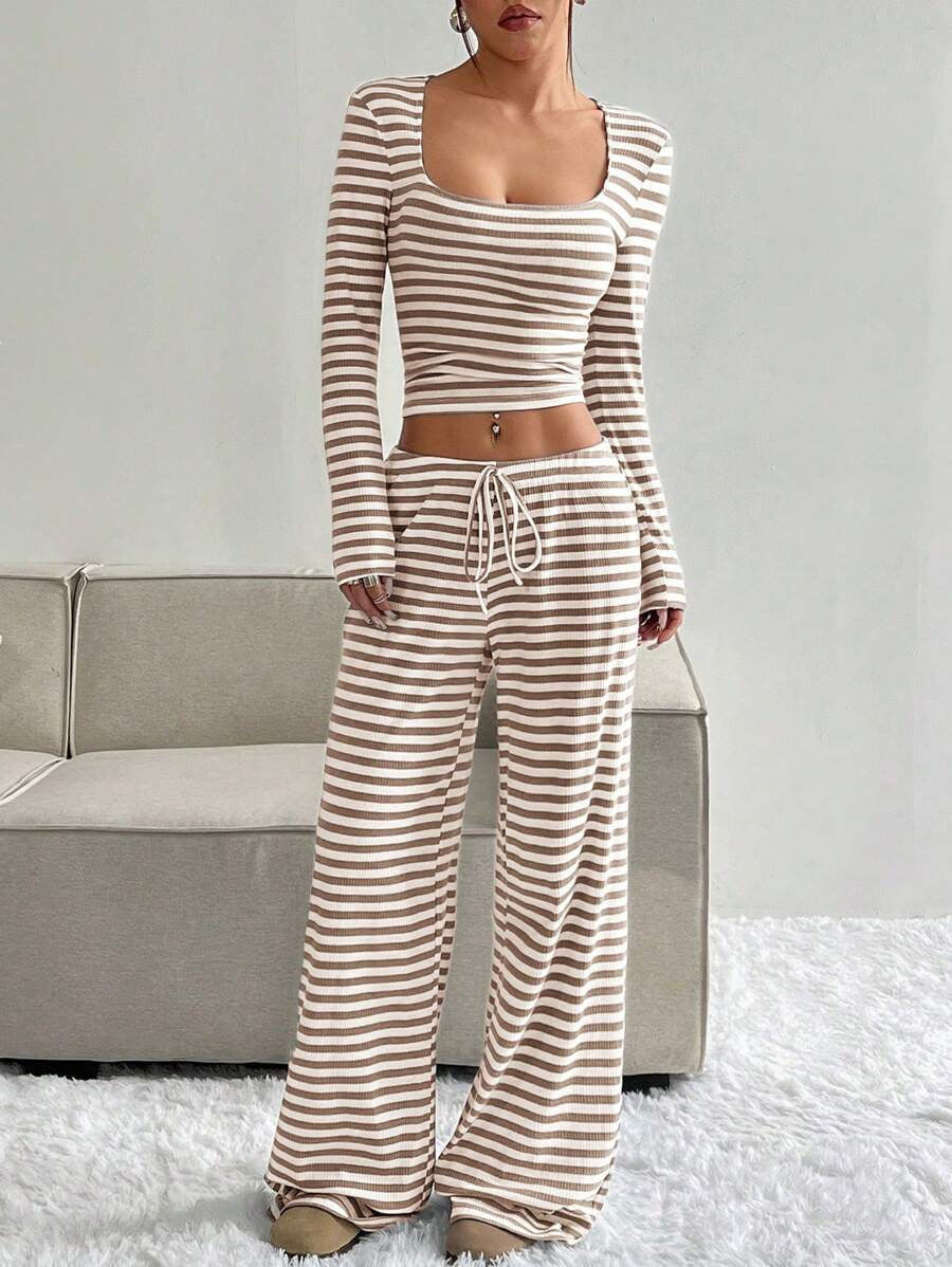 Damen Gestreifter Lounge-Zweiteiler mit weitem Bein und Cropped Langarmtop Drune