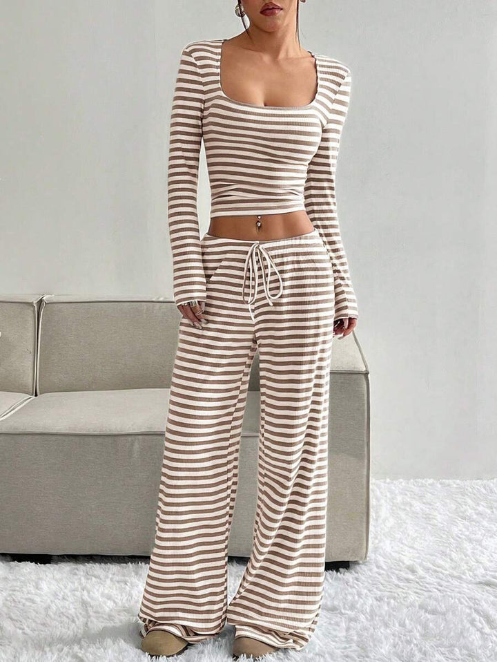 Damen Gestreifter Lounge-Zweiteiler mit weitem Bein und Cropped Langarmtop Drune