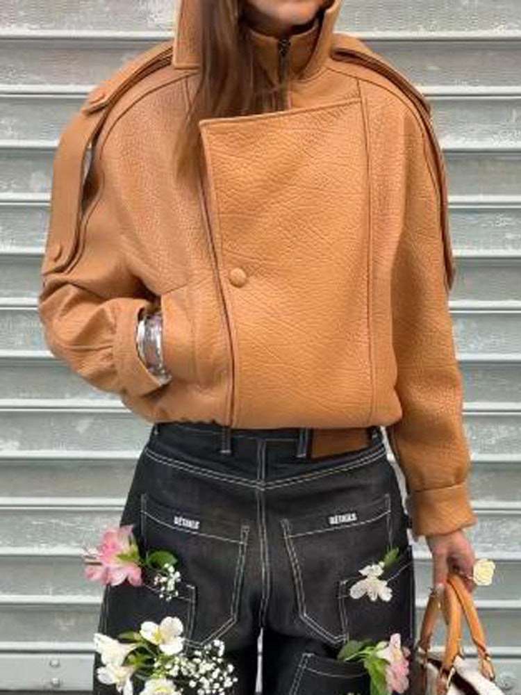 Damen Cropped Oversize-Jacke aus strukturiertem Kunstleder mit hohem Stehkragen Drune