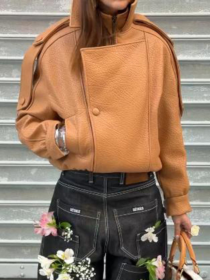 Damen Cropped Oversize-Jacke aus strukturiertem Kunstleder mit hohem Stehkragen Drune