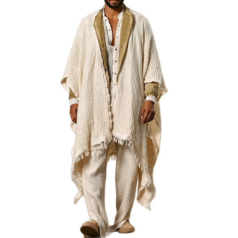 Herren weit geschnittener Baumwoll-Leinen Poncho mit Fransen und offener Front Drune