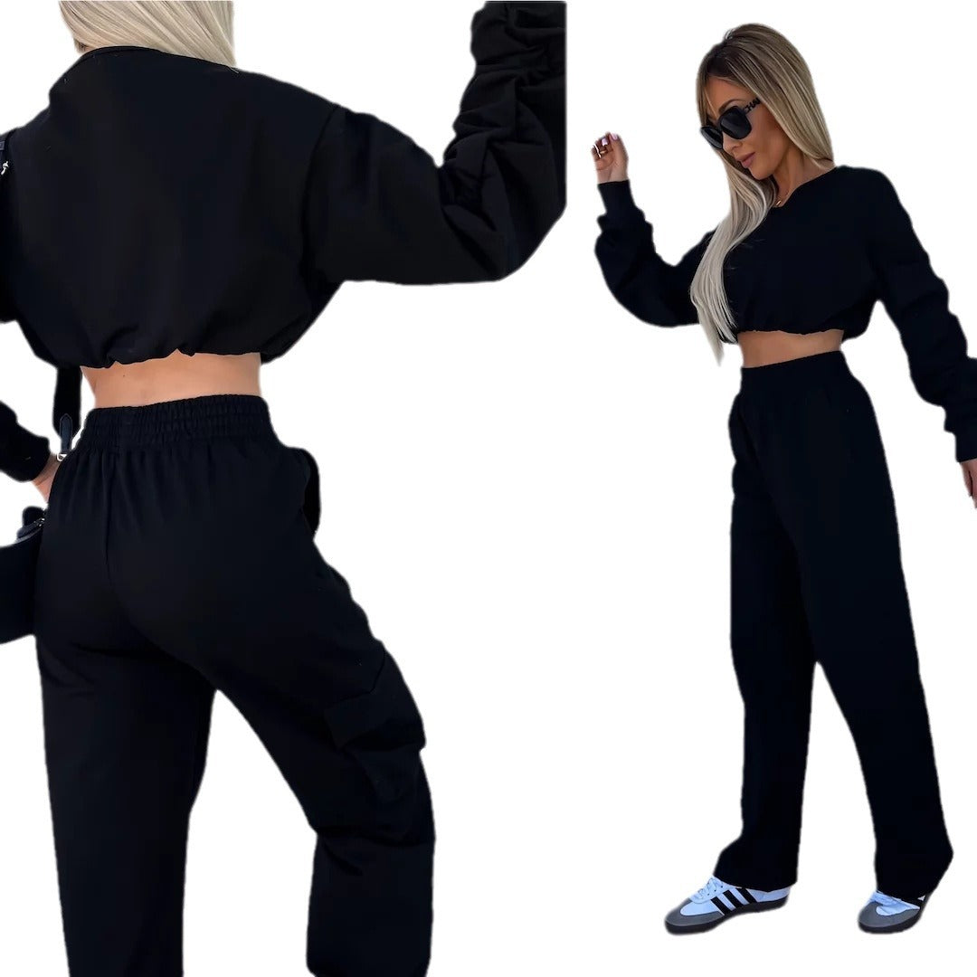 Damen lässiges Set mit cropped Oberteil und weit geschnittener Hose Drune