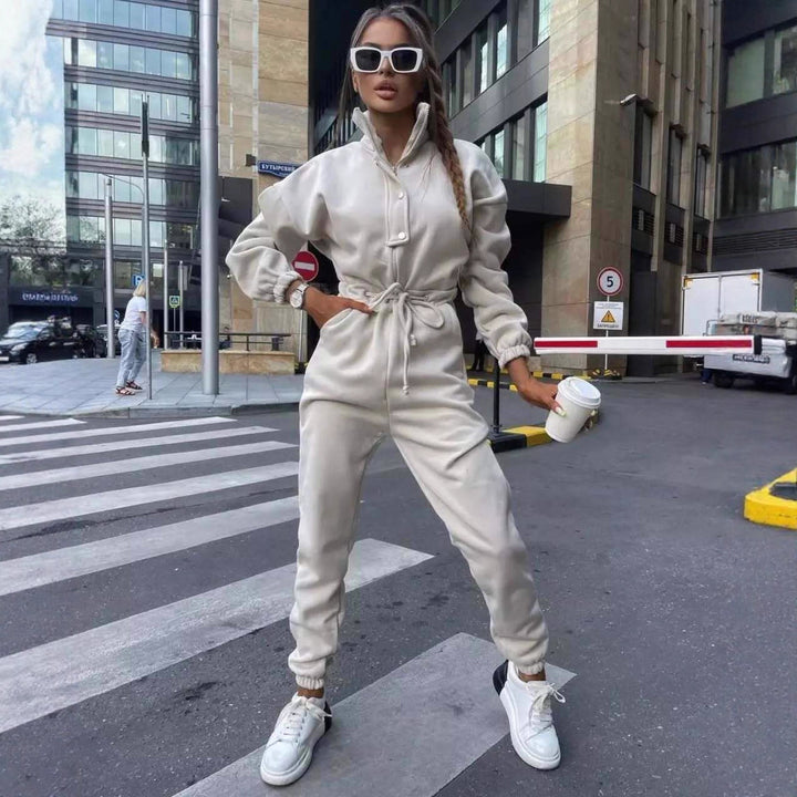 Damen taillierter Velours-Jumpsuit mit Tunnelzug Stehkragen und elastischen Bündchen Drune