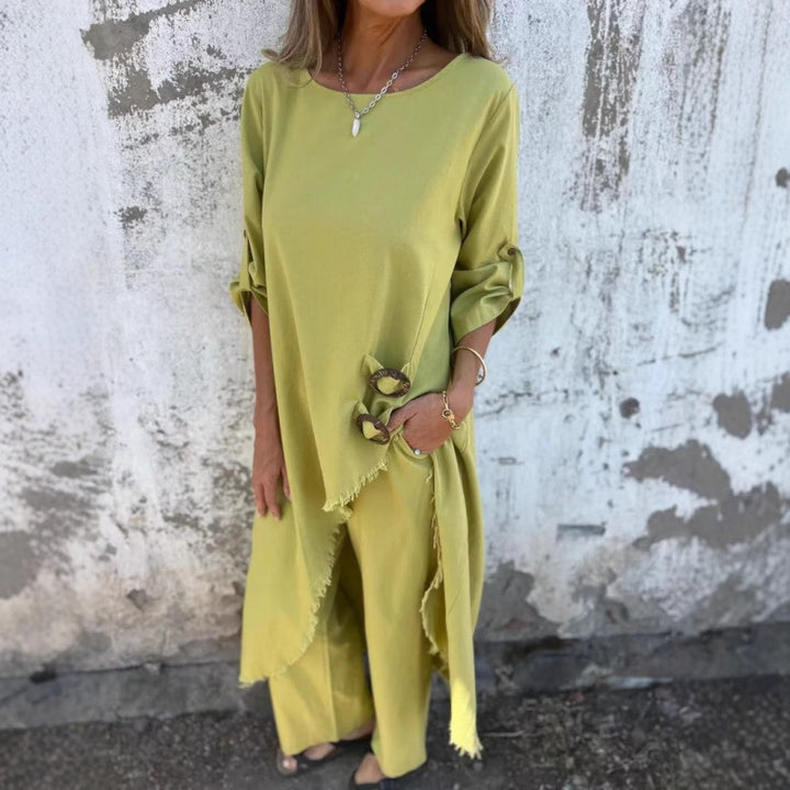 Damen Lässiges Maxikleid mit tiefem Rundhalsausschnitt und praktischen Knopfdetails Drune