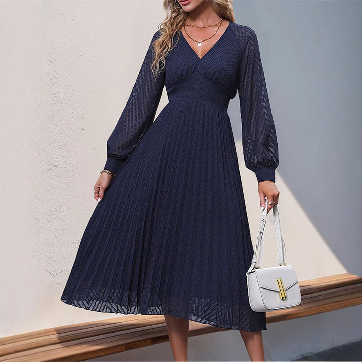 Damen Plissiertes Midikleid mit V-Ausschnitt, taillierter Passform & transparenten Ballonärmeln Drune