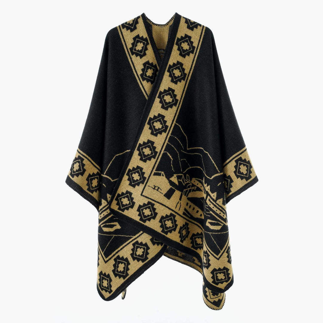 Damen Jacquard‑Strickponcho mit offenem Fall und Bordüren‑Detail Drune