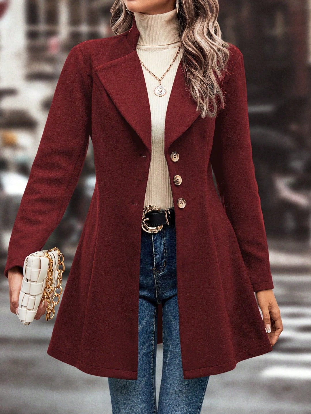 Damen eleganter Wintermantel mit asymmetrischem Schnitt und hohem Kragen Drune