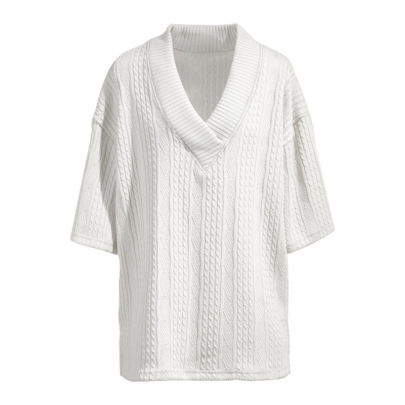 Damen nan Kurzarm-Strickpullover im weiten Schnitt mit tiefem V-Kragen und Zopfmuster Drune