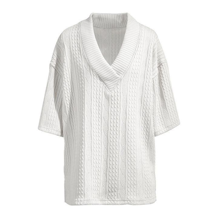 Damen nan Kurzarm-Strickpullover im weiten Schnitt mit tiefem V-Kragen und Zopfmuster Drune