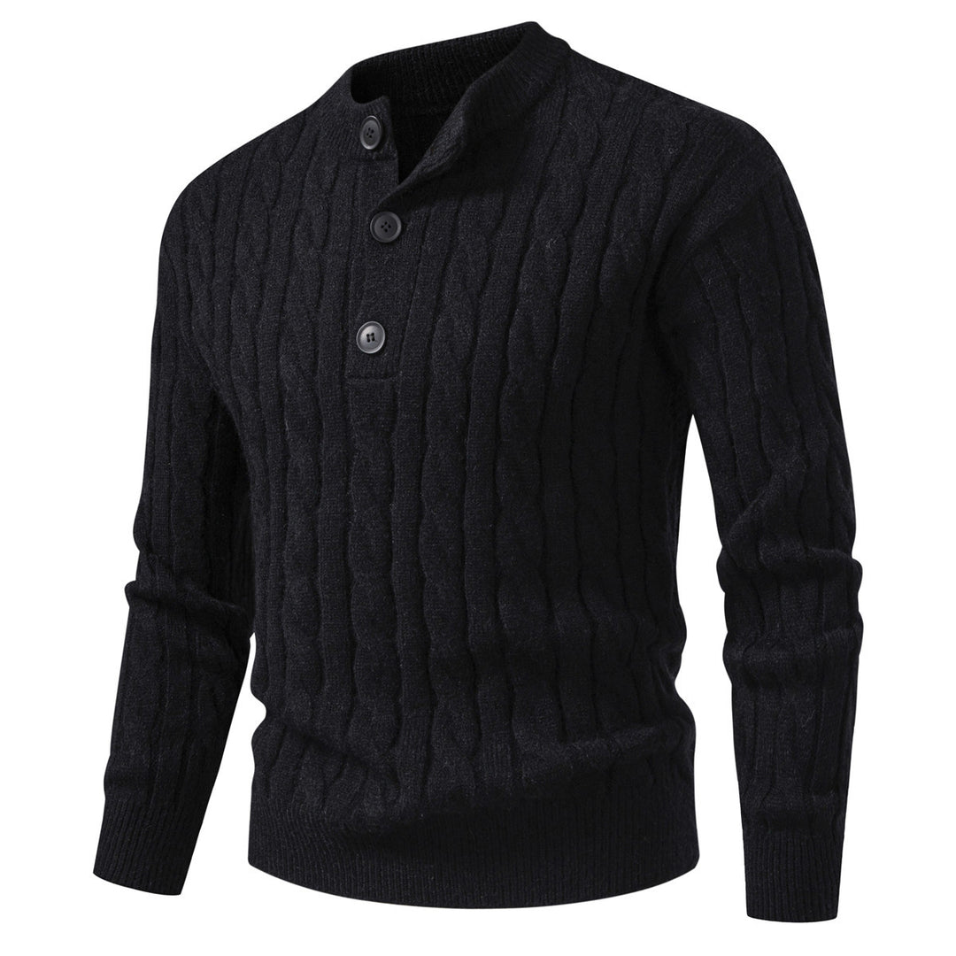 Herren Zopfmuster-Pullover mit kurzer Knopfleiste und Stehkragen Drune
