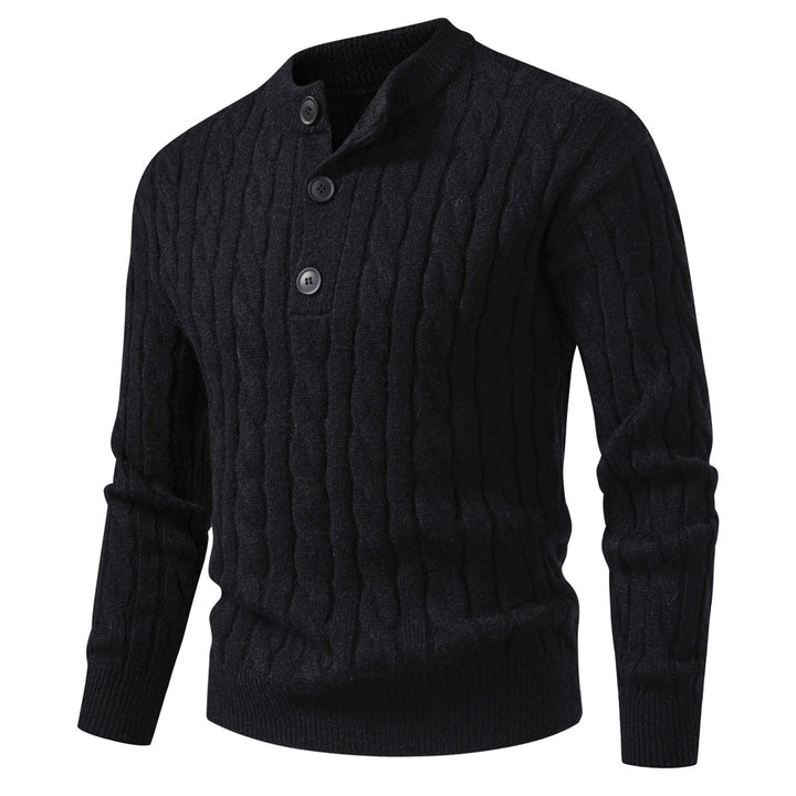 Herren Zopfmuster-Pullover mit kurzer Knopfleiste und Stehkragen Drune