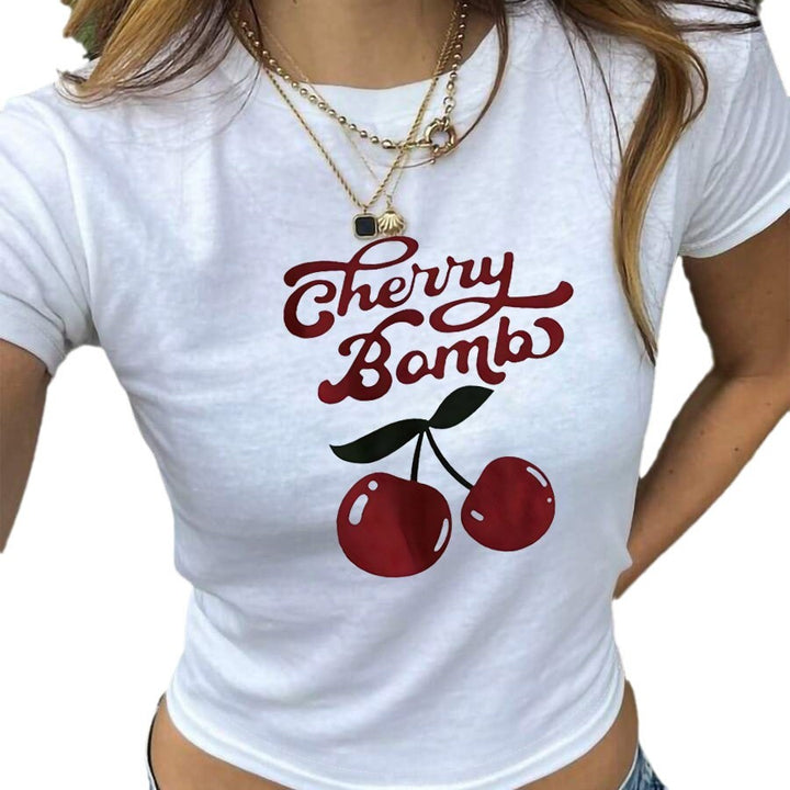 Damen Crop-T-Shirt mit fröhlichem Kirschmotiv und lockerer Passform Drune
