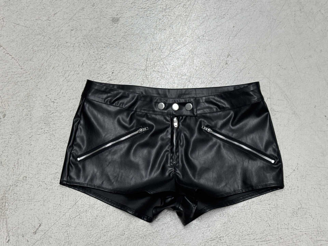 Damen Kunstleder-Shorts mit modischen Reißverschlüssen und figurbetontem Schnitt Drune