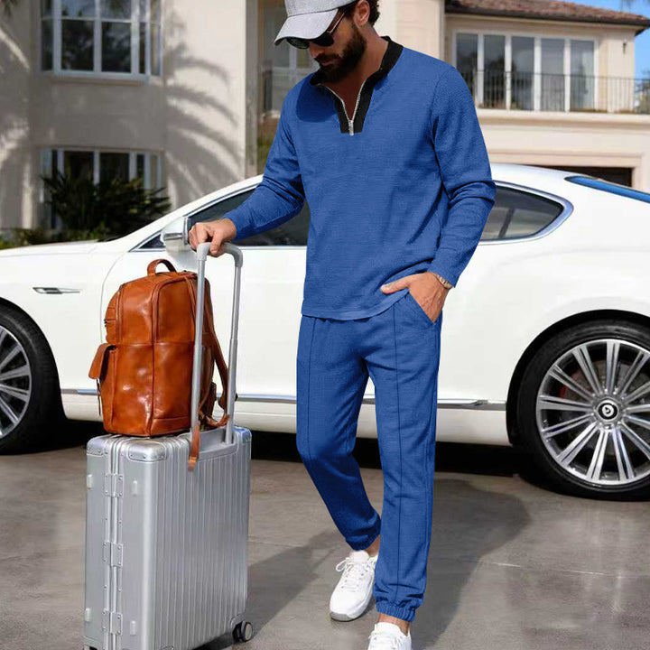Herren Leichtes Henley-Loungewear-Set mit Kontrastkragen, Tunnelzug-Jogger und elastischen Bündchen Drune