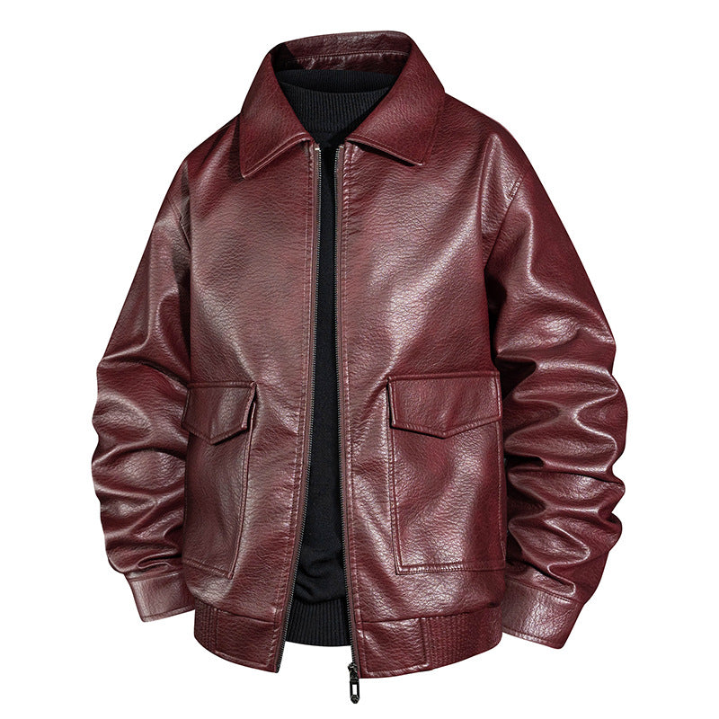 Herren Lässige Kunstlederjacke mit Kragen und Taschen Drune