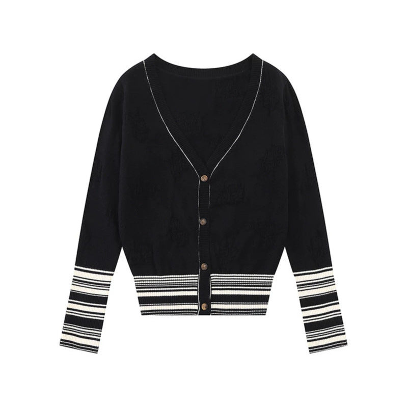 Damen Strickjacke mit V‑Ausschnitt, feinem Jacquardmuster und kontrastierenden Bündchen Drune