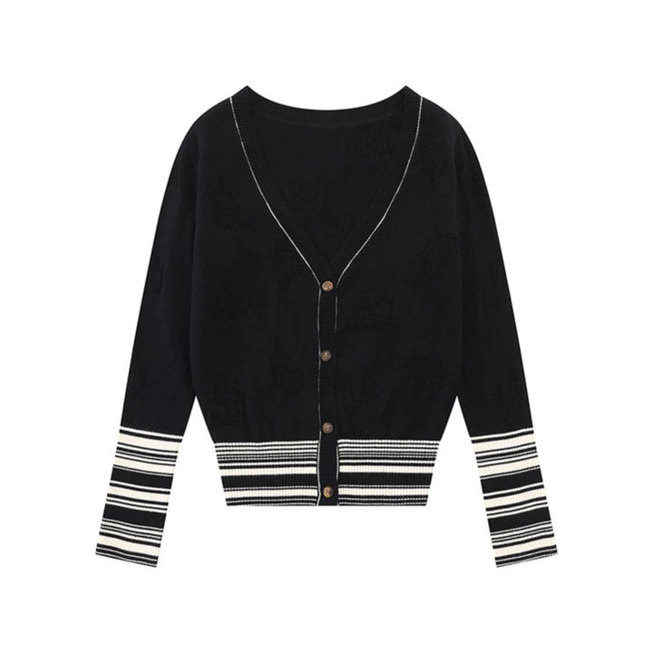 Damen Strickjacke mit V‑Ausschnitt, feinem Jacquardmuster und kontrastierenden Bündchen Drune