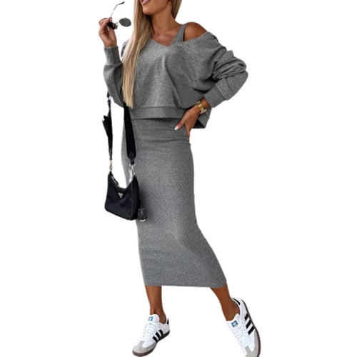 Damen Casual Cropped Feinstrick-Set mit hoch tailliertem Midi-Bleistiftrock und Racerback-Top Drune