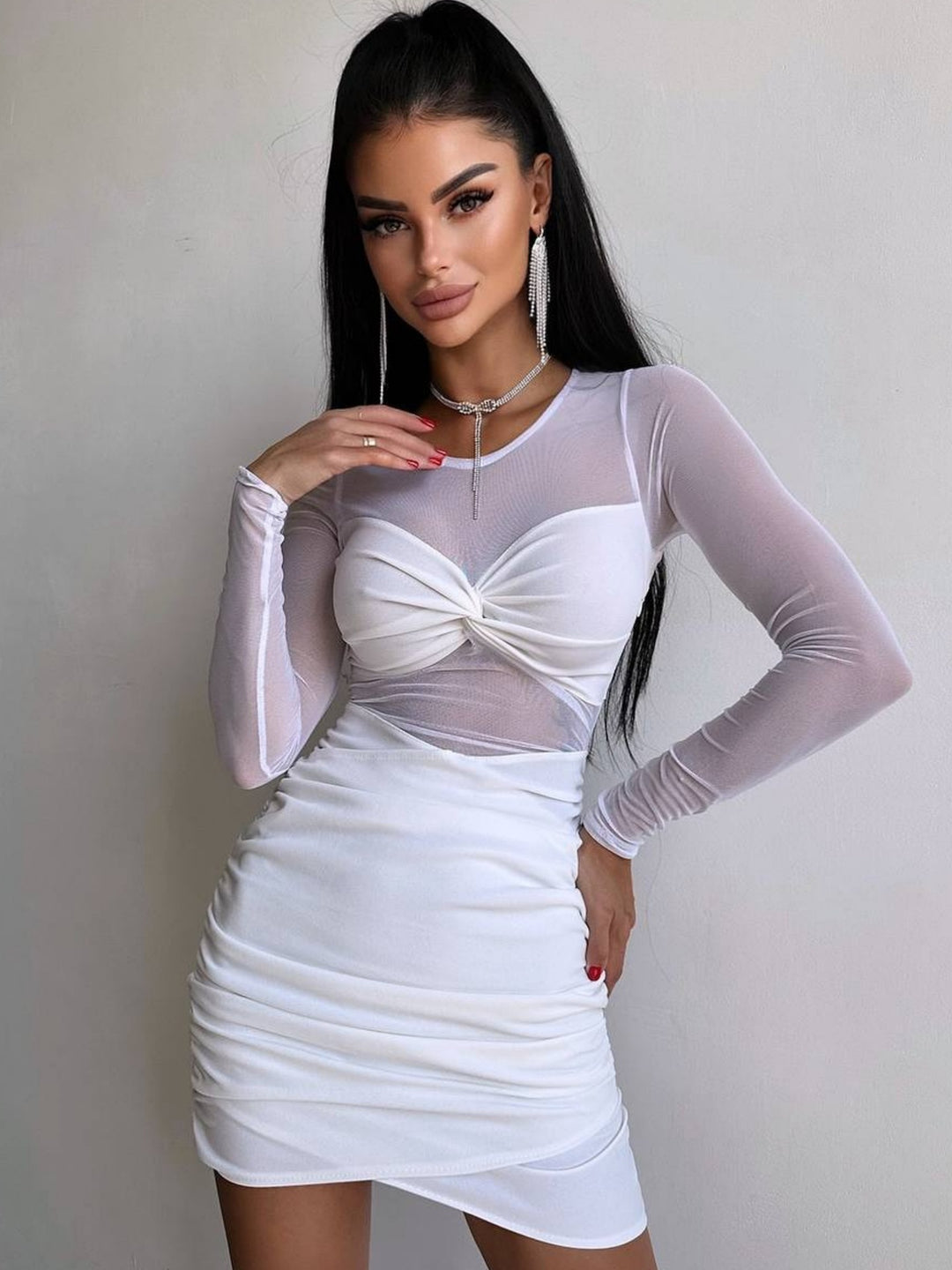 Damen figurbetontes Kleid mit langem Arm und raffiniertem Verknotungsdetail Drune
