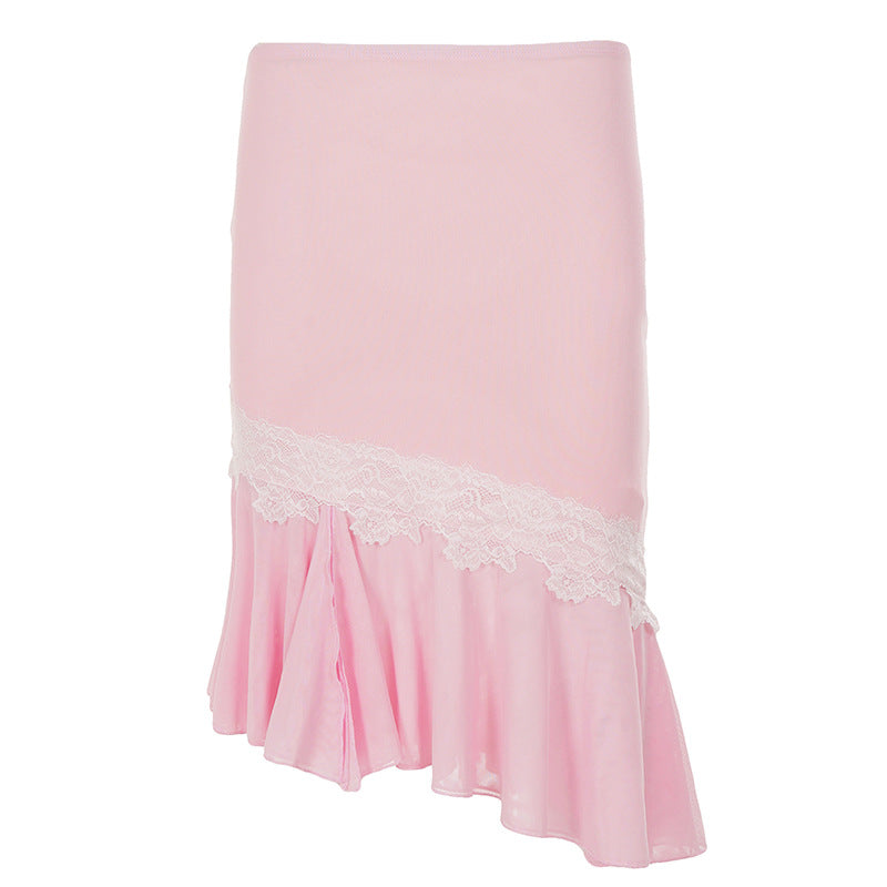 Damen Asymmetrischer Midirock mit Spitzenbesatz und Volantsaum Drune