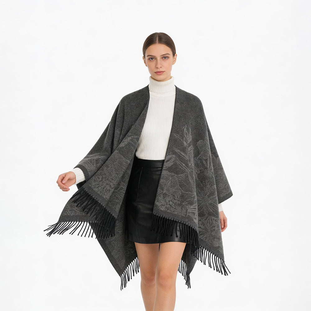 Damen V‑Ausschnitt Cape‑Poncho mit floralem Jacquard und Fransensaum Drune