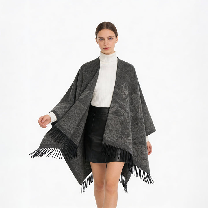 Damen V‑Ausschnitt Cape‑Poncho mit floralem Jacquard und Fransensaum Drune