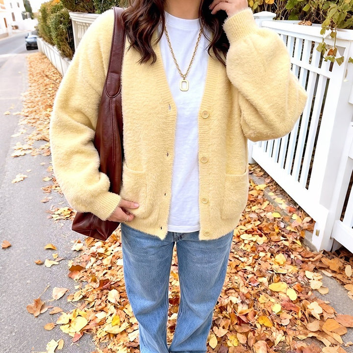 Damen Kuschelige Oversize-Cardigan aus Teddy-Fleece mit V-Ausschnitt, aufgesetzten Taschen & Rippbündchen Drune