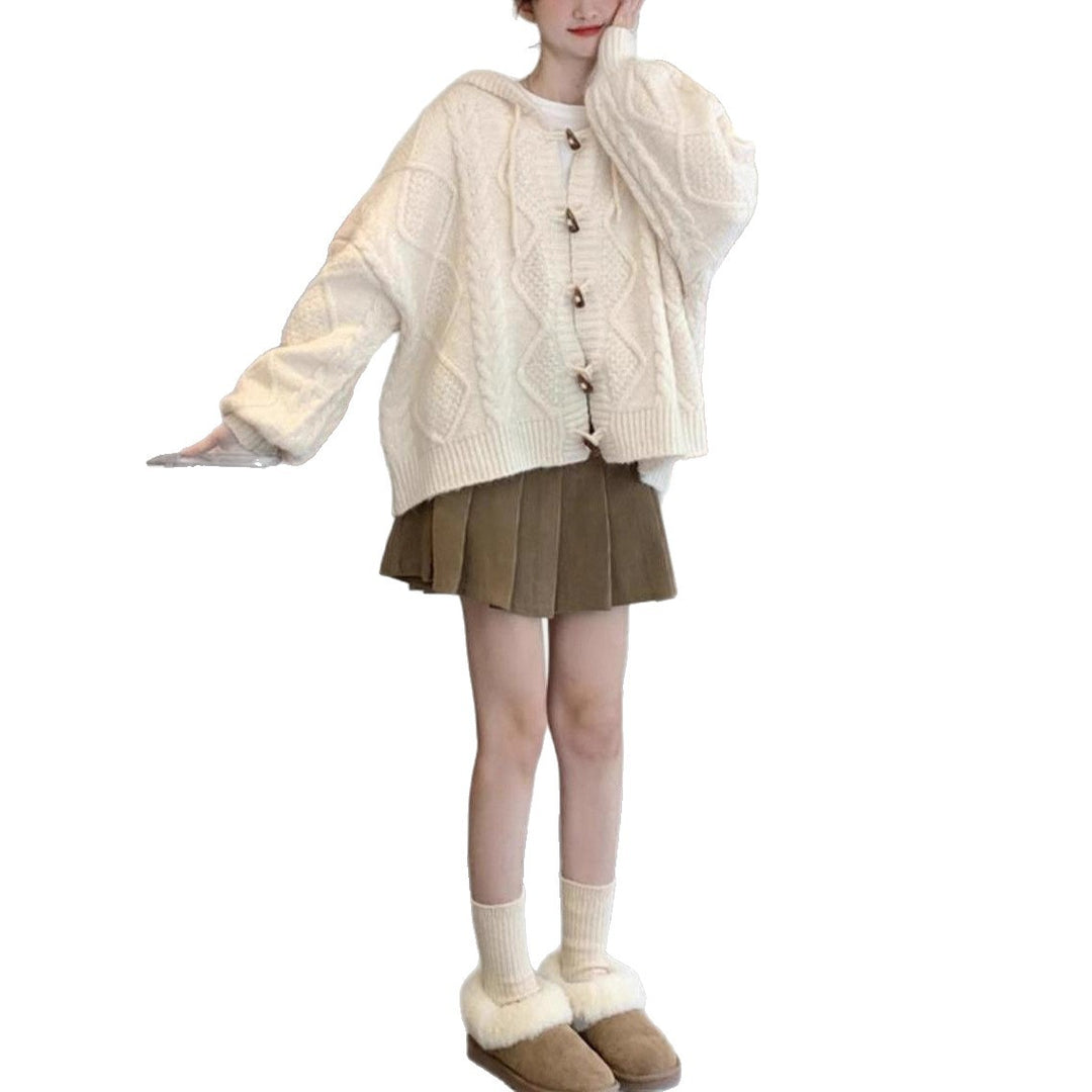 Damen Übergroße Strickjacke mit Kapuze und Zopfmuster Drune