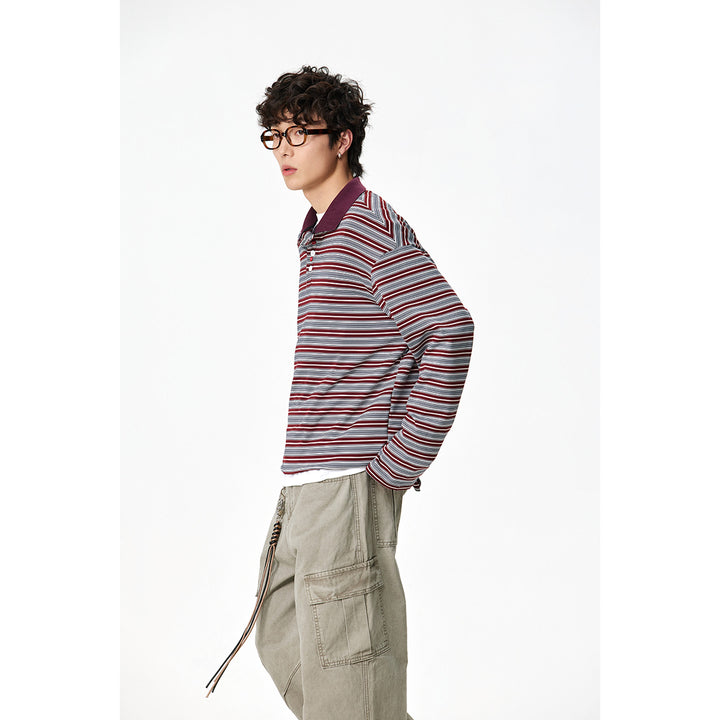 Unisex Klassisches gestreiftes Longsleeve-Poloshirt aus feinem Rippstrick mit Kentkragen und Halbknopfleiste Drune