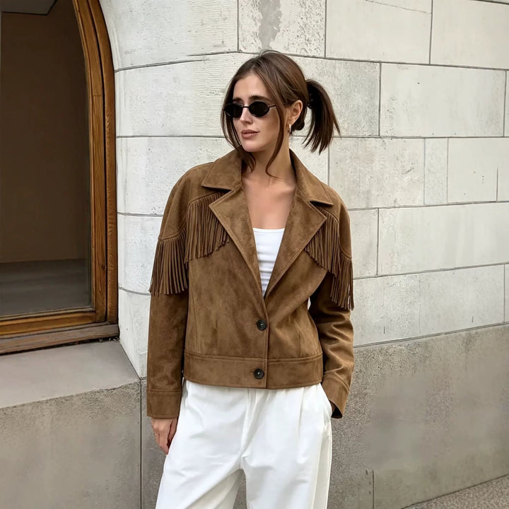 Damen Kurze Wildlederoptik-Fransenjacke im Cropped-Boxy-Schnitt Drune