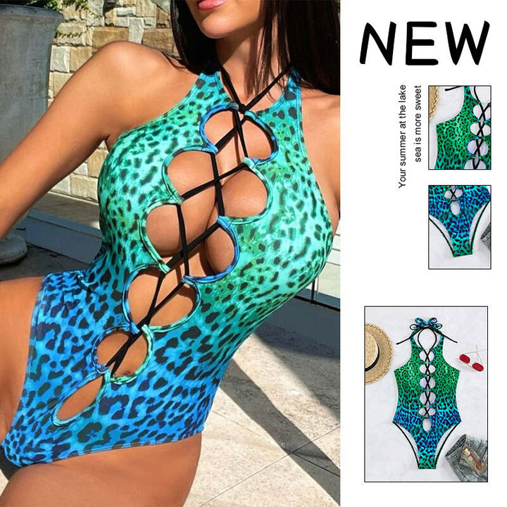 Damen Einteiler Badeanzug mit raffiniertem Schnürdesign und farbenfrohem Tiermotiv Drune