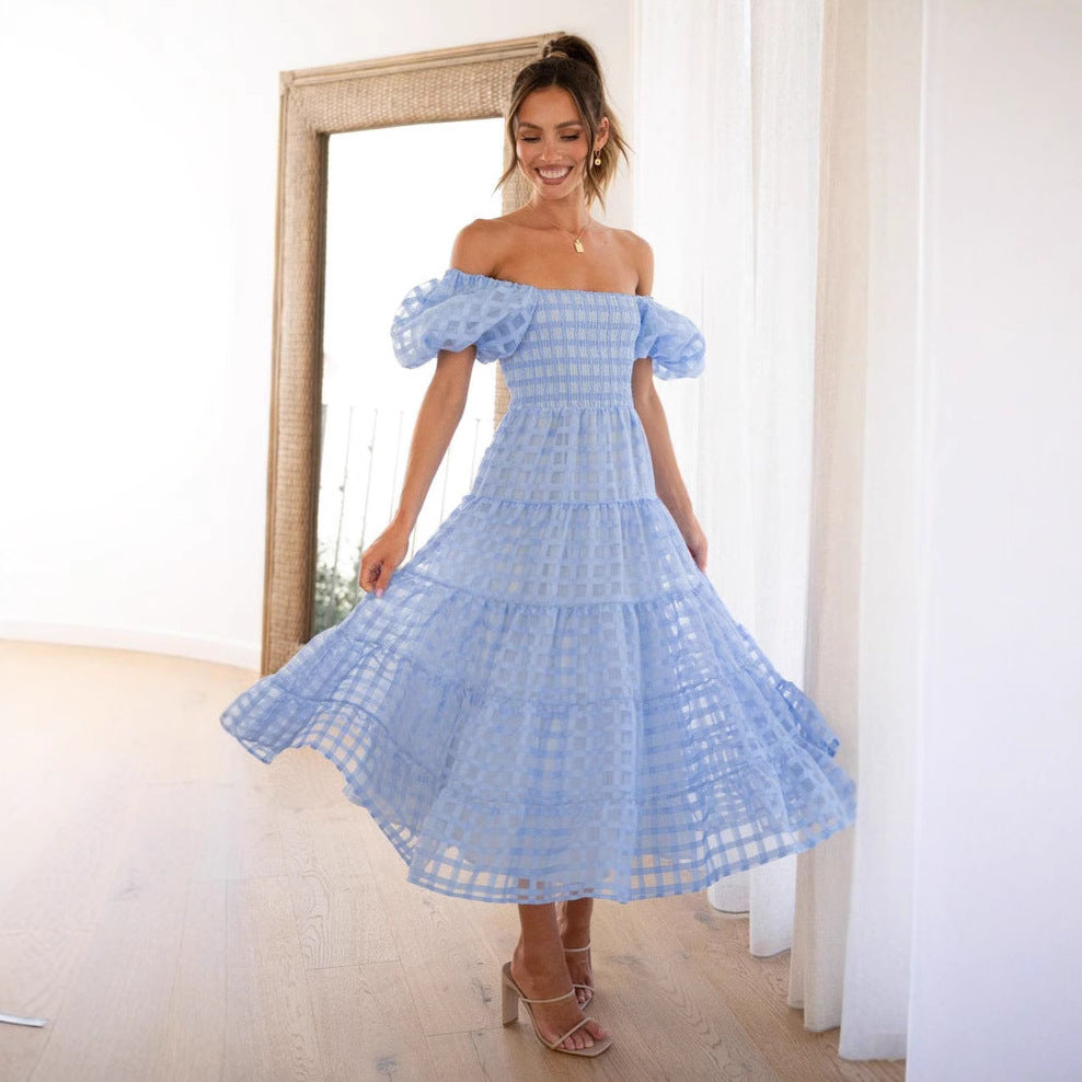 Damen Maxikleid mit luftigen Puffärmeln und gerafftem Oberteil Drune
