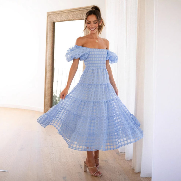 Damen Maxikleid mit luftigen Puffärmeln und gerafftem Oberteil Drune