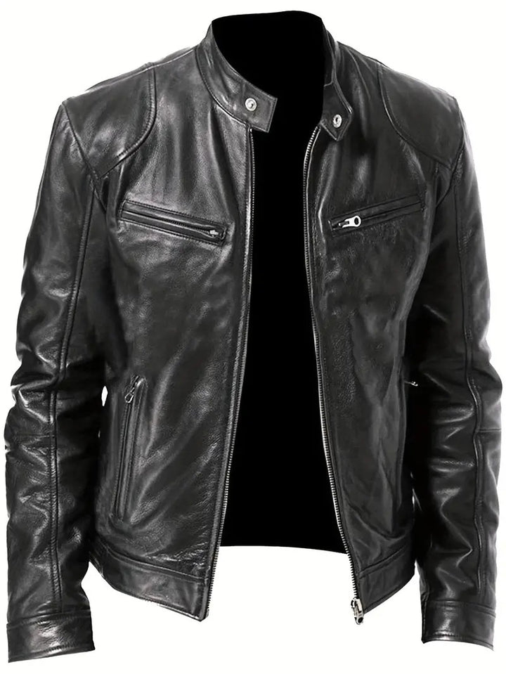 Herren Slim-Fit Lederjacke im Bikerstil mit Stehkragen, Reißverschlusstaschen und weichem Lammnappa Drune
