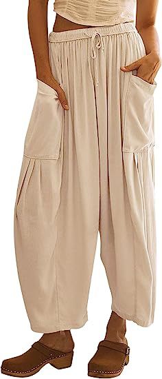 Damen Hochbundweite Weitbein Leinenmix Cargo Cropped Hose Drune
