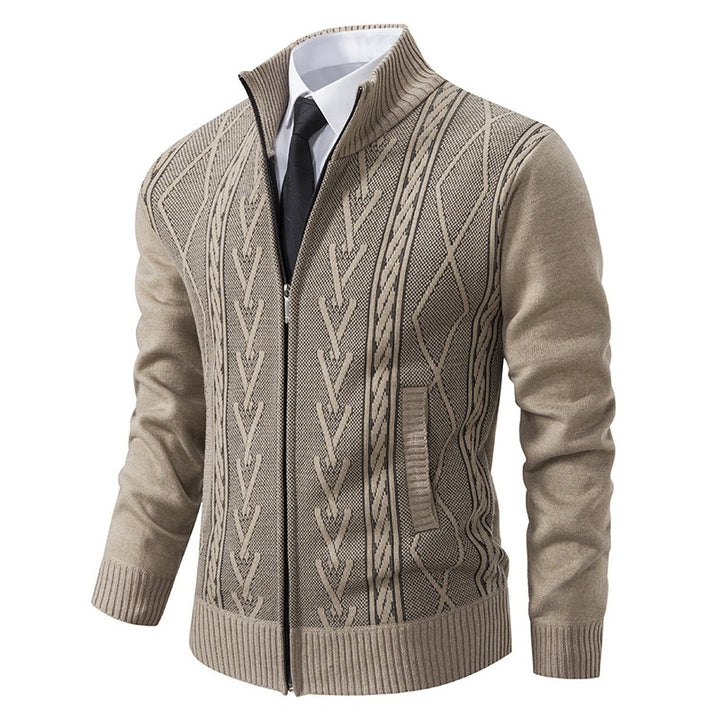 Herren Feinstrick-Zipjacke mit geometrischem Jacquardmuster, Stehkragen und Eingrifftaschen Drune