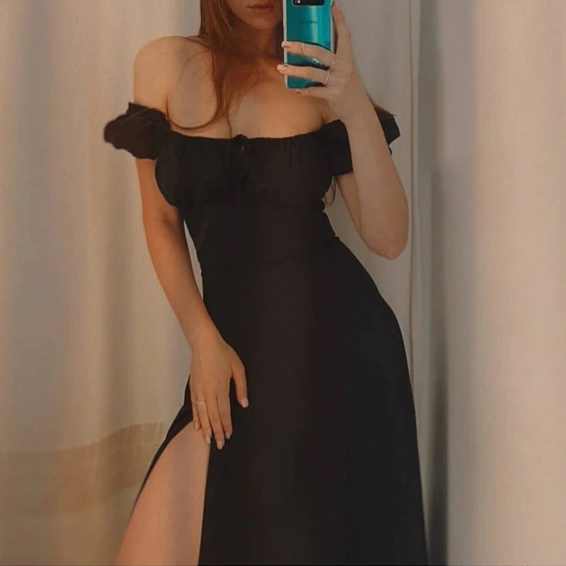 Damen Maxikleid mit schulterfreiem Design und voluminösen Puffärmeln Drune