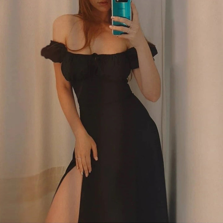 Damen Maxikleid mit schulterfreiem Design und voluminösen Puffärmeln Drune