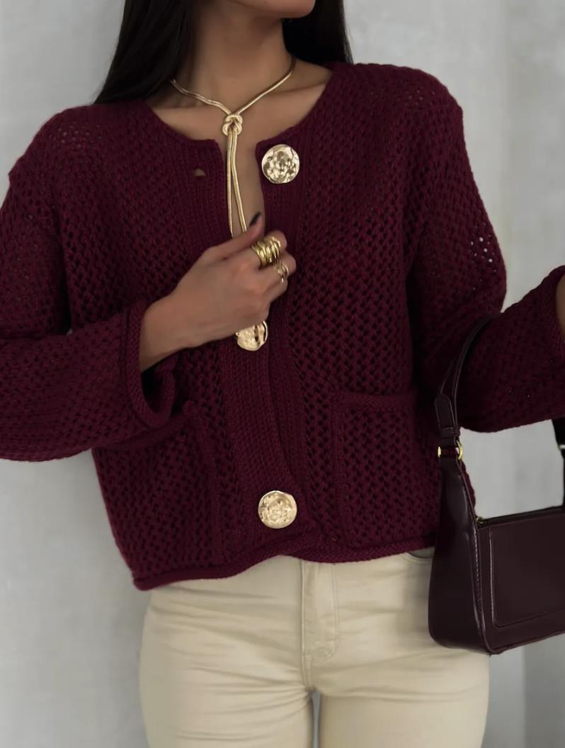 Damen luftiger Strickjacke mit dekorativem Netzdesign und praktischen Taschen Drune