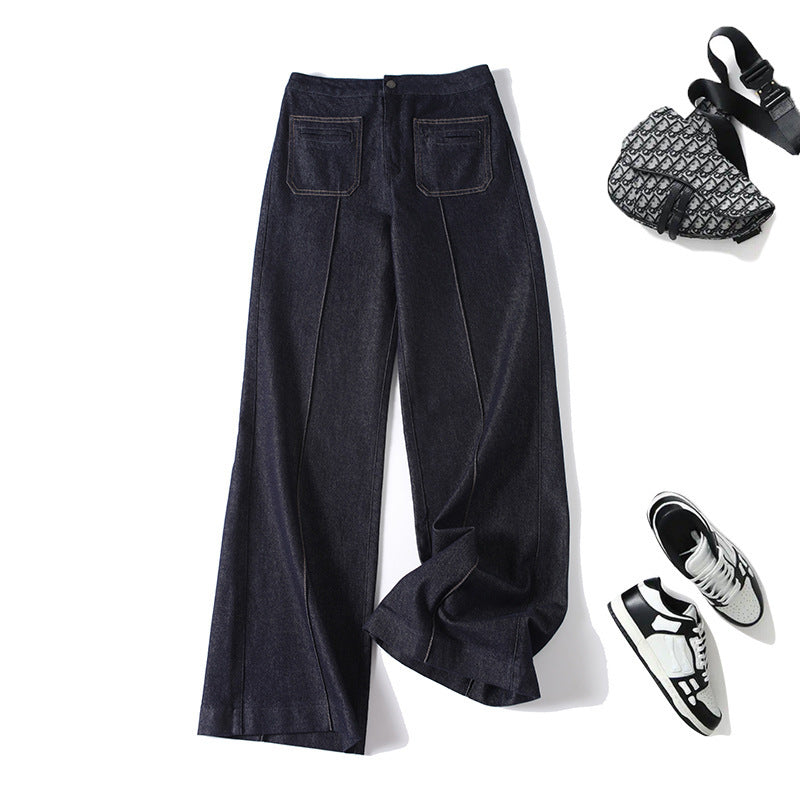 Damen High‑Waist Weite Denimhose mit durchgehender Mittelnaht und aufgesetzten Taschen Drune