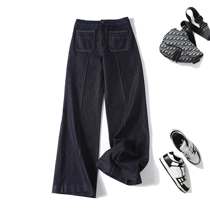 Damen High‑Waist Weite Denimhose mit durchgehender Mittelnaht und aufgesetzten Taschen Drune