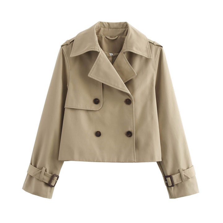 Damen nan cropped Trenchjacke mit Doppelreiher, Epauletten und verstellbaren Schnallenmanschetten Drune