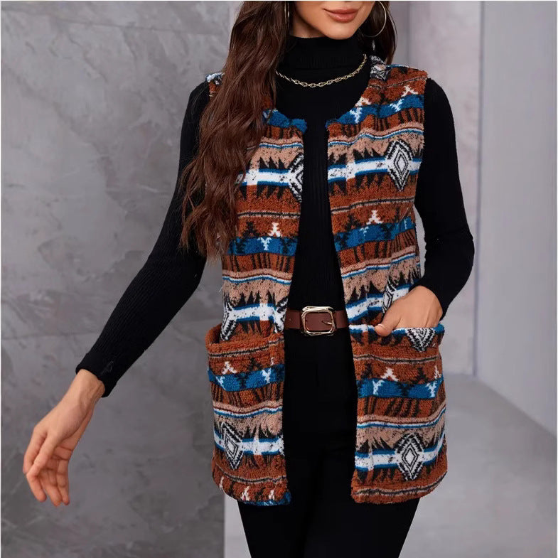 Damen Weste im Ethno-Look mit Taschen und weichem Material Drune