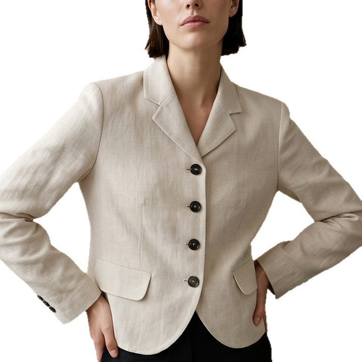 Damen Taillierter Leinenblazer mit Schößchen, Pattentaschen und durchgehender Knopfleiste Drune
