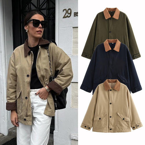 Damen Boxy Baumwoll-Canvas-Jacke mit Cordkragen, Pattentaschen und durchgehender Knopfleiste Drune