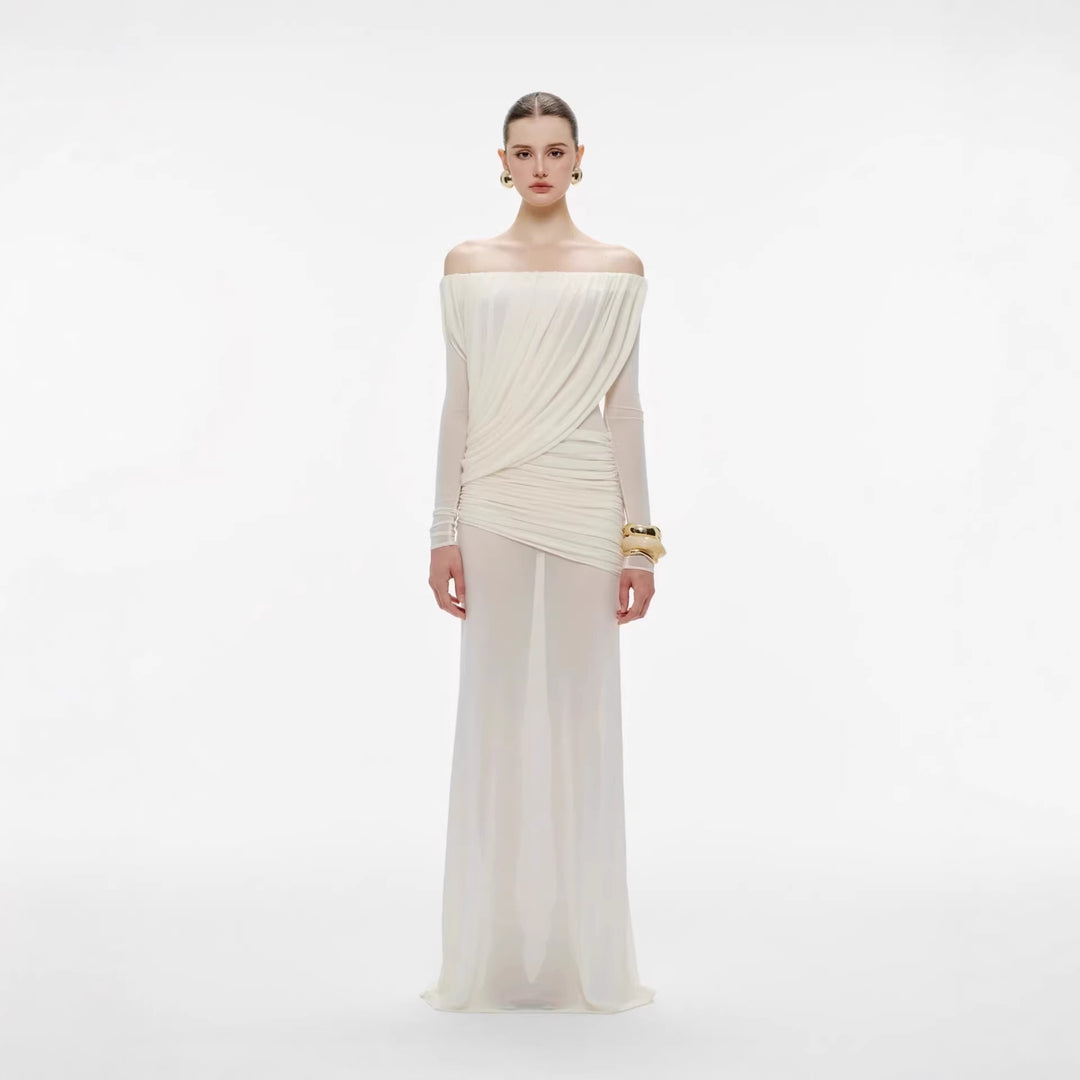 Damen Langarm Maxikleid mit Drapier-Design und schulterfreiem Ausschnitt Drune