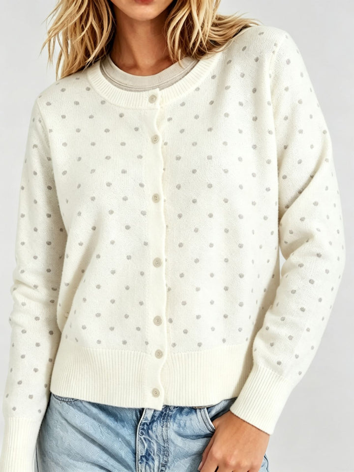 Damen Gepunktete Feinstrick-Cardigan mit Rundhals und Rippbündchen Drune